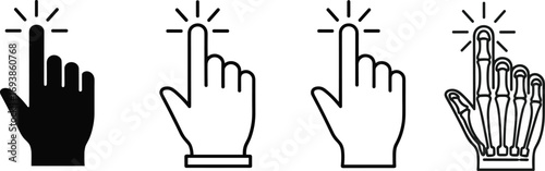 Touch gesture icons, finger press symbols, digital interaction signs, user interface elements, technology concept, robotic hand, outline style graphics