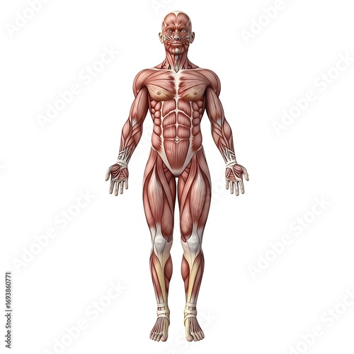 Anatomical study of the human muscular system front view detailed bodybuilding fitness anatomy