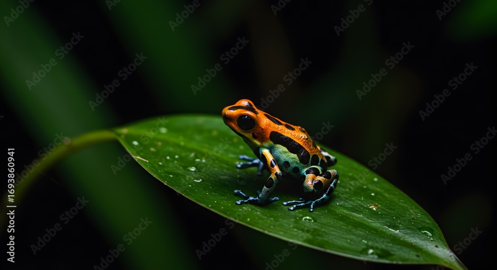 Naklejka premium Vibrant Poison Dart Frog on Lush Green Leaf