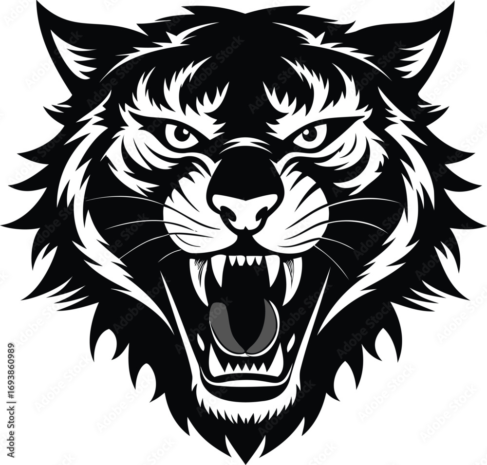 Fototapeta premium Black Silhouette of a roaring tiger face, sharp angles.