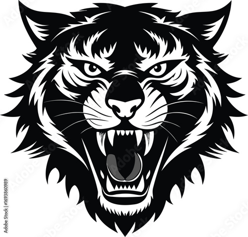 Black Silhouette of a roaring tiger face, sharp angles.