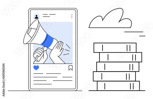 Megaphone emerging from mobile phone screen, indicating social media engagement and promotion. Books stack and cloud symbol added as metaphors. Ideal for digital marketing, brand awareness, content
