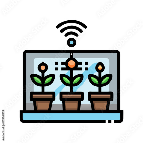 Three potted plants sit on a windowsill with sky visible through the window