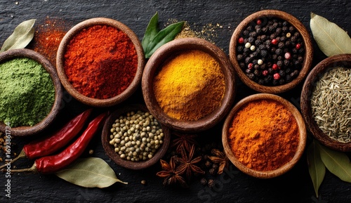 Fototapeta Naklejka Na Ścianę i Meble -  Colorful spices in wooden bowls on dark background