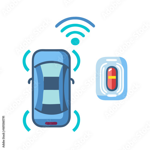 Digital illustration showcasing autonomous car technology, sensor systems, and communication signals in a flat design.