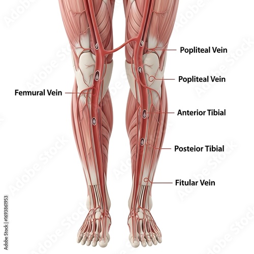 Detailed human leg anatomy showing muscles veins and arteries with labels