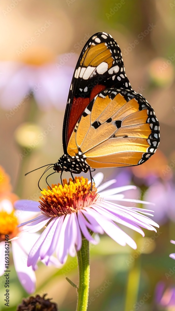 Fototapeta premium Butterfly on purple flower in sunlight