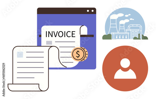 Invoice document scroll with dollar coin on a digital screen, factory animation, user profile circle. Ideal for billing, accounting, taxation, industry, finance payments and transactions. Simple