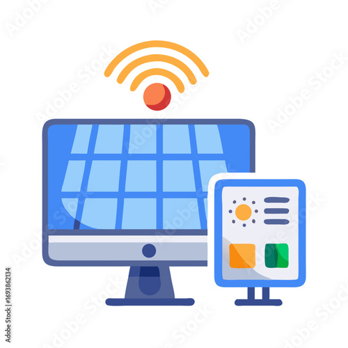 Smart device and tablet depicting wireless solar power system interface on black background