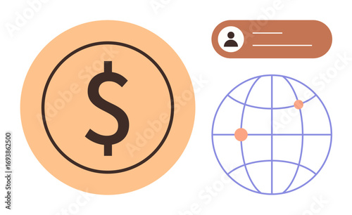 Dollar sign in a circle, user profile with information card, connected global grid with nodes. Ideal for finance, globalization, networking, online transactions, user identity, digital economy
