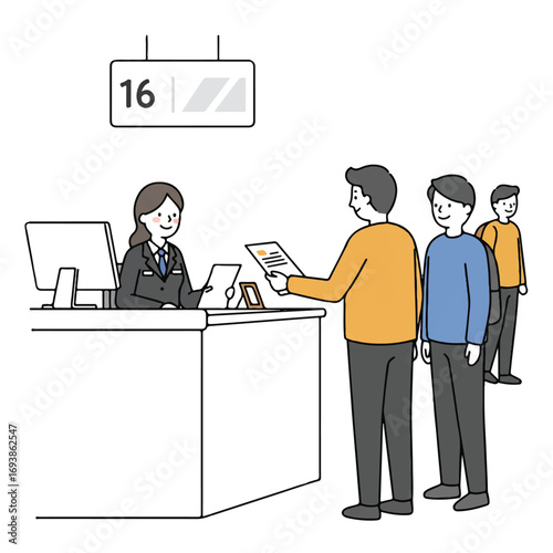 Smiling female civil servant assists a male citizen holding a document at a public service counter, with another person waiting, in a modern 2D flat vector illustration style.