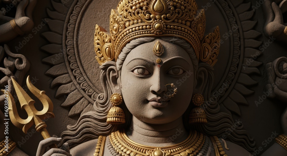 Fototapeta premium Hindu Goddess Durga Statue with intricate details and golden ornaments