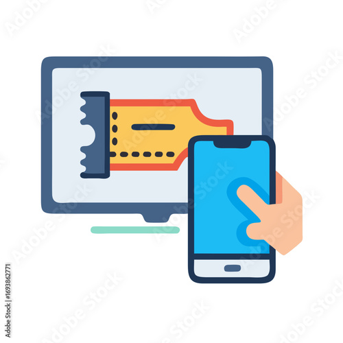 Online ticket purchase with mobile device and desktop screen, flat vector illustration