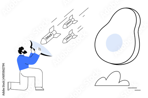 Individual crouching with shield intercepting DDOS-labeled missiles targeting an abstract object. Ideal for cybersecurity, data protection, defense, internet security, threat mitigation, digital