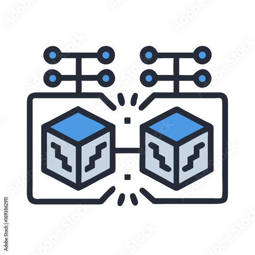 Two cubes connected with circuit-like structures against a black background, a technical illustration