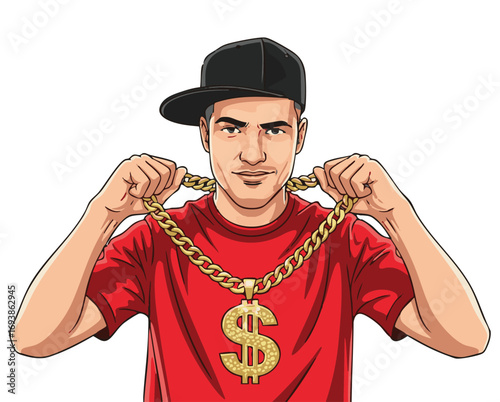 Cartoon Man Rapper Holding Dollar Chain