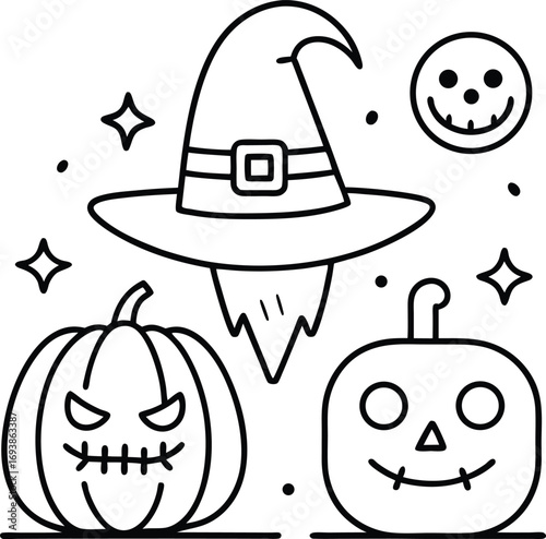 Cute Halloween Line Art: Friendly Skull, Ghost, and Pumpkin