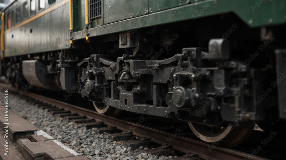 Naklejka premium Train undercarriage showing wheels and suspension system parked on railway track