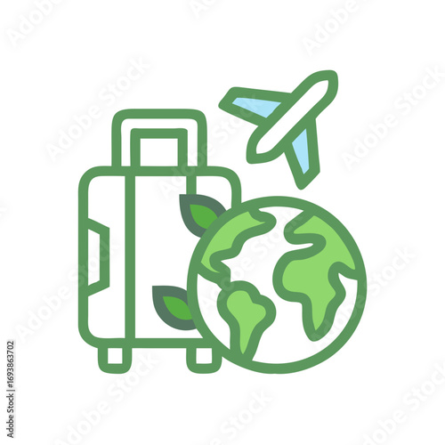Sustainable travel illustration depicting globe, suitcase and airplane for eco-friendly tourism concept
