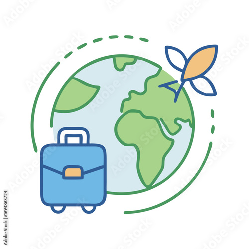 Flat Vector Globe with Suitcase and Airplane Representing Worldwide Travel
