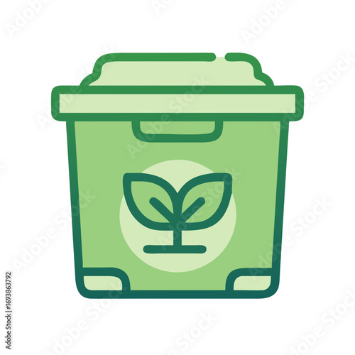 Green compost bin graphic with plant icon against a stark black background