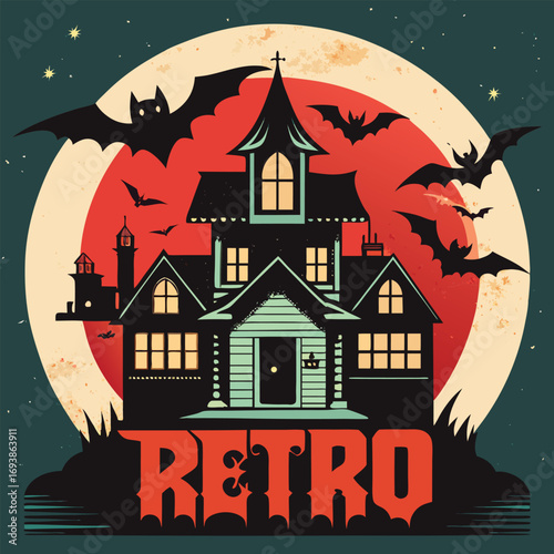 Retro Halloween Haunted House Illustration: Spooky Vintage Style Bats Moon Graphic Design