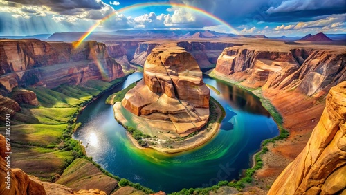 Majestic horseshoe bend with river curving through towering Grand Canyon cliffs, breathtaking natural wonder under clear blue sky in panoramic view