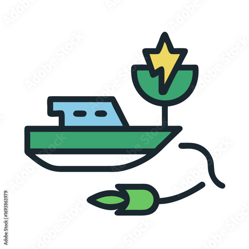 Illustration of green energy boat powered by renewable resources with energy plug