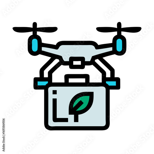 Drone delivering environmental awareness message with a leaf symbol against a black background