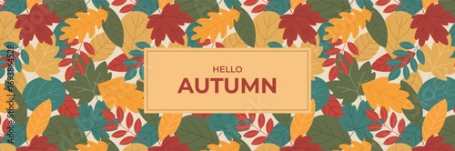 Cozy autumn banner with colorful falling leaves in red, yellow, green, and orange shades. Great for seasonal greetings, invitations, posters, sale, and nature themed designs