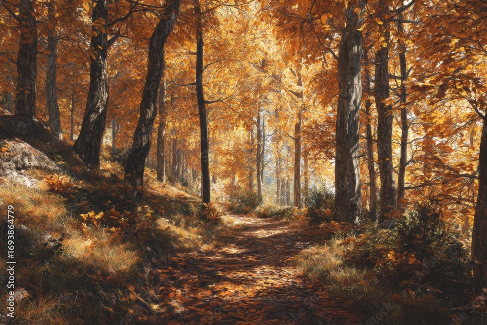 Obraz premium autumn forest with golden and red leaves falling, sunlight filtering through trees, peaceful nature scene, walking path covered in leaves, no text. 