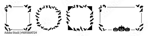 Halloween bat and pumpkin frame set. Minimalist spooky borders for seasonal invitations, party flyers, web headers, greeting cards, and creepy October holiday decorations.