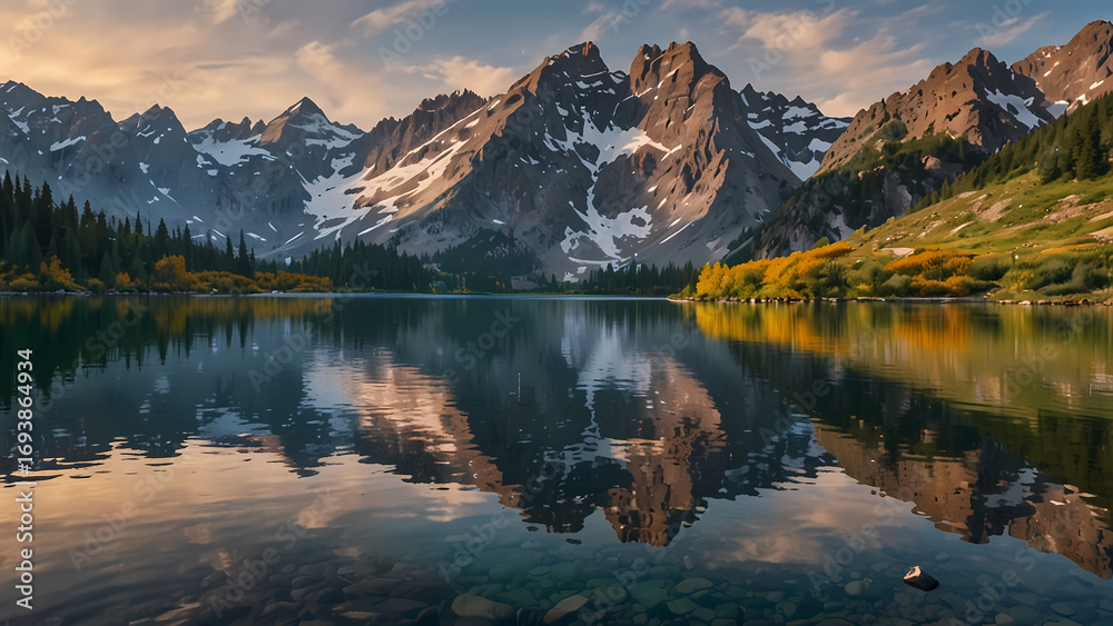 Obraz premium crystal-clear alpine lake nestled among rugged, snow-capped mountains with shimmering waters reflecting the towering peaks, a gentle mist hugging the shoreline, and the vibrant hues of wildflowers