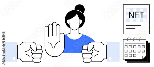 Woman raising a hand in stop motion between two negotiating hands, NFT document, and calendar. Ideal for digital ethics, blockchain ownership, decision-making, art disputes, negotiation halt, time