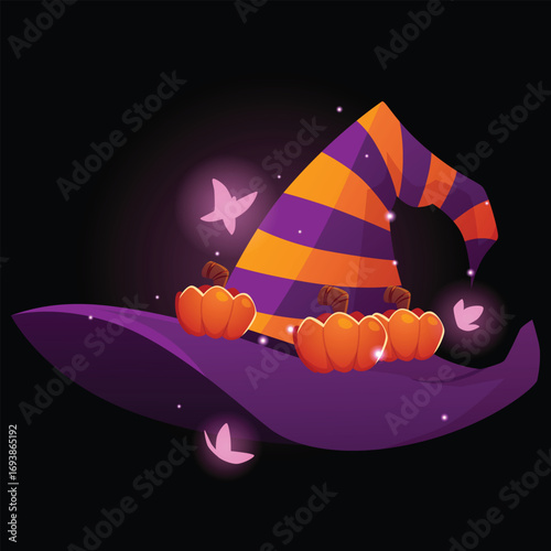Magic, pointed witch hat, purple with orange stripes, pumpkins, glowing particles and moths.
