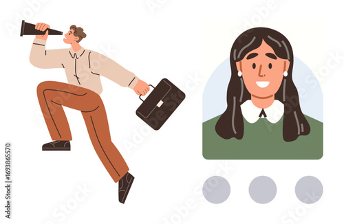 Businessman holding a briefcase and yelling into a megaphone alongside a profile photo. Ideal for business, networking, leadership, communication, promotion, recruitment, motivation. Simple flat