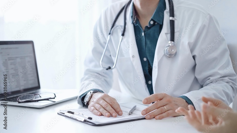 Doctor and a patient. The physician, wearing a white medical coat over a green shirt, is gesturing with his hands during a consultation in the clinic. Medicine Doctor and a patient. The physician, wearing a white medical coat over a green shirt, is gesturing with his hands during a consultation in the clinic. Medicine