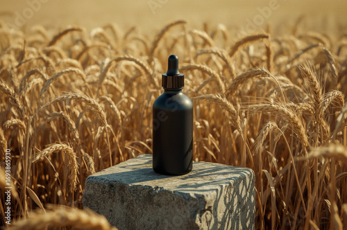 A dark dropper bottle stands on a stone block amidst a sun-drenched field of golden wheat, suggesting natural or agricultural products.