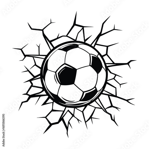 Dynamic black and white illustration of a soccer ball bursting through cracked lines symbolizing power and impact