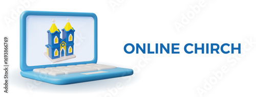 Online Church service on laptop 3D vector design, prayer house, Christian religious worship, gospel prayer application