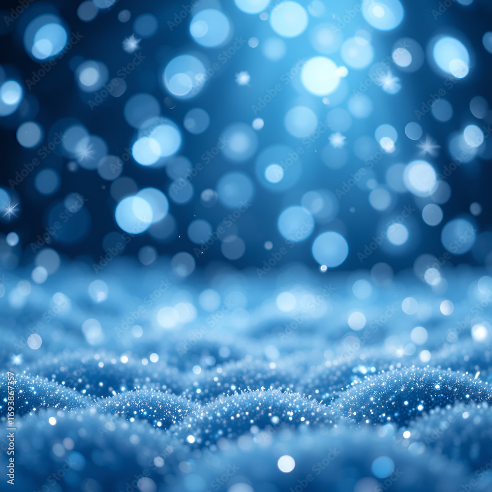 Fototapeta premium toy Christmas blue snowflakes covered with sparkles in the air glisten in the light with shallow depth of field giving a lot of bokeh effects. Christmas festive blank. 3d render