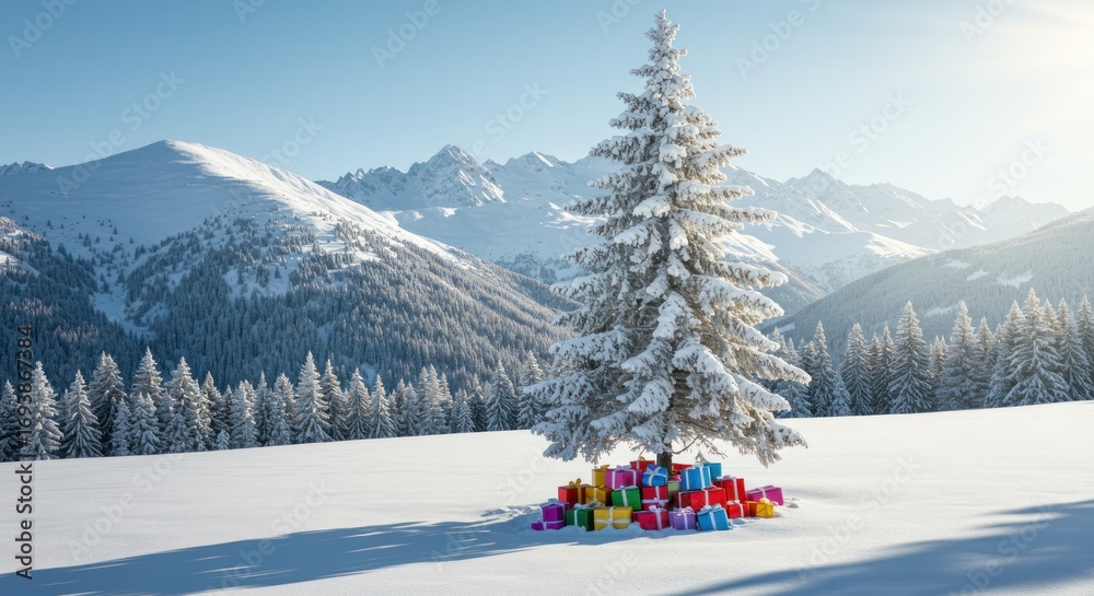 Fototapeta premium Snowy Mountain Christmas: Gifts Beneath a Majestic Fir