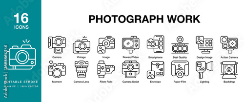 Photograph Work icon set. Includes photographer, work, professional, photo, camera, and More. Editable Stroke Icon Collection.