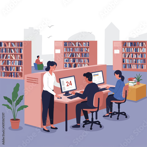 A librarian assists a student at a computer station in a modern public library, surrounded by bookshelves and inviting reading areas, in a flat 2D vector illustration.