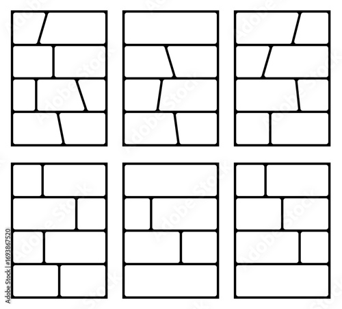 Six comic strip layouts with various rectangular and angled panel arrangements, ideal for storytelling, graphic novels, and visual narratives in black and white style.