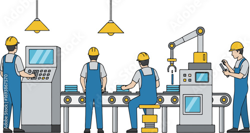 Flat Line Style Automated Production Line Illustration with Workers