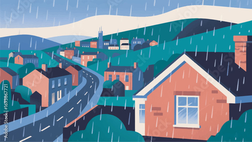 illustration of a house with foggy windows and rain wetting the street vector design template