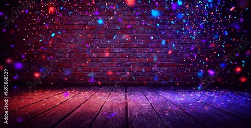 Confetti falling against a brick wall and wood floor.