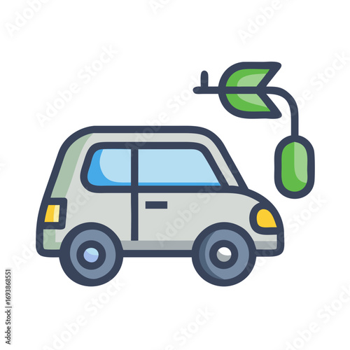 Illustration of a modern electric car next to an environmentally friendly power source icon