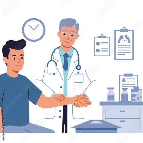A friendly doctor carefully examines a patient's arm in a clean clinic environment, depicted in a flat 2D vector illustration with simplified medical equipment and a bright white background.
